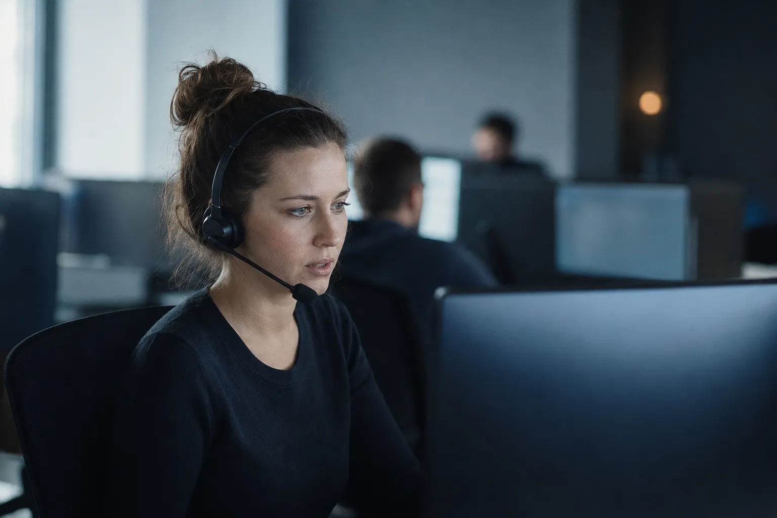 A customer experience team at headset workstations.