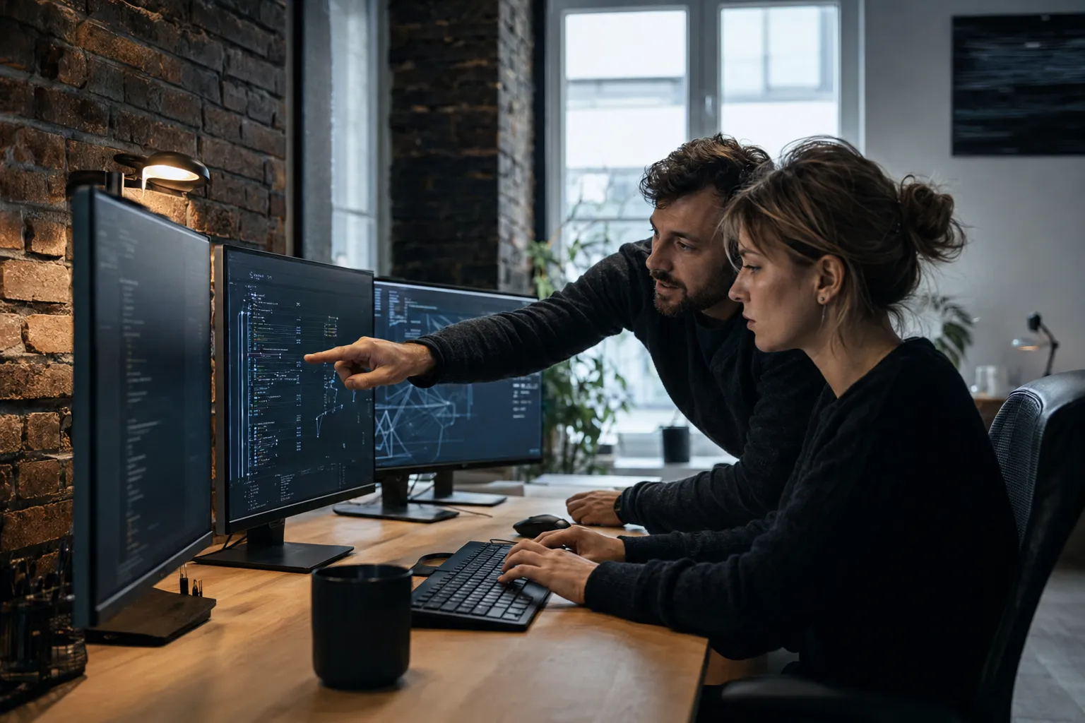 Software engineers at work over code.